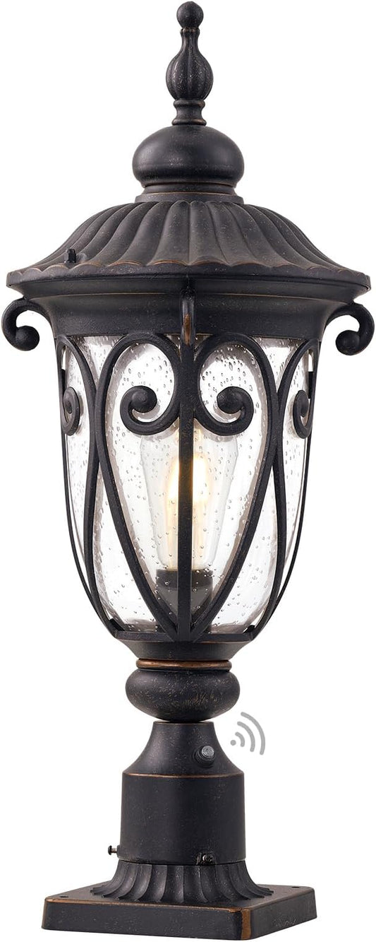 24 Inch High Outdoor Post Light Fixture with Dusk to Dawn Sensor, Bronze Post Lantern with Pier Mount, Exterior Pole Lighting with Seeded Glass for Yard, Garden, Patio and Pathway, LMMS0519-M