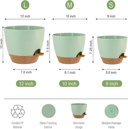 UOUZ Large Self Watering Pots, 12/10/9 Plastic Planters with High Drainage Holes and Deep Reservoir for Indoor Outdoor Garden Plants and Flowers, Green with Brown