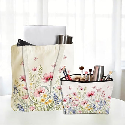 Flower Plant Lover Gifts for Women Canvas Tote Bag with Makeup Bag Cosmetic Bags Grocery Bags for Shopping Christmas