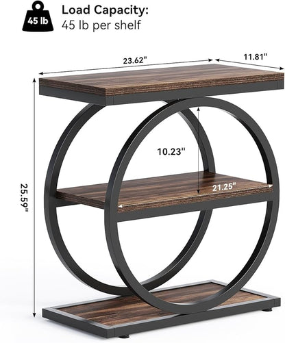 LITTLE TREE End Table, 3-Tier Side Table, Slim Sofa Side Table for Living Room, Tall Bedside Table Nightstand for Bedroom, Rustic Brown and Black