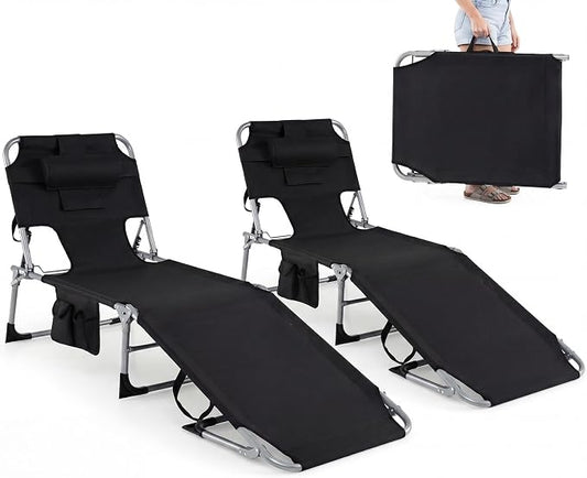 GYMAX Tanning Chair with Face Hole, Sun Bathing Lounge Chairs for Outside with Side Pocket, Folding Portable Face Down Layout Tanning Chair Beach, Backyard, Poolside, Lawn (Black,2)