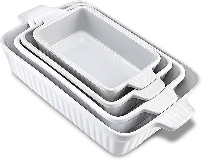 Casserole Dishes for Oven, Baking Dish for Oven, Ceramic Baking Dishes Set for 4, Rectangular Baking Pan with Handle for Baking, Cooking-Oven Safe, White (9.5"/11.2"/12.2"/14.5")