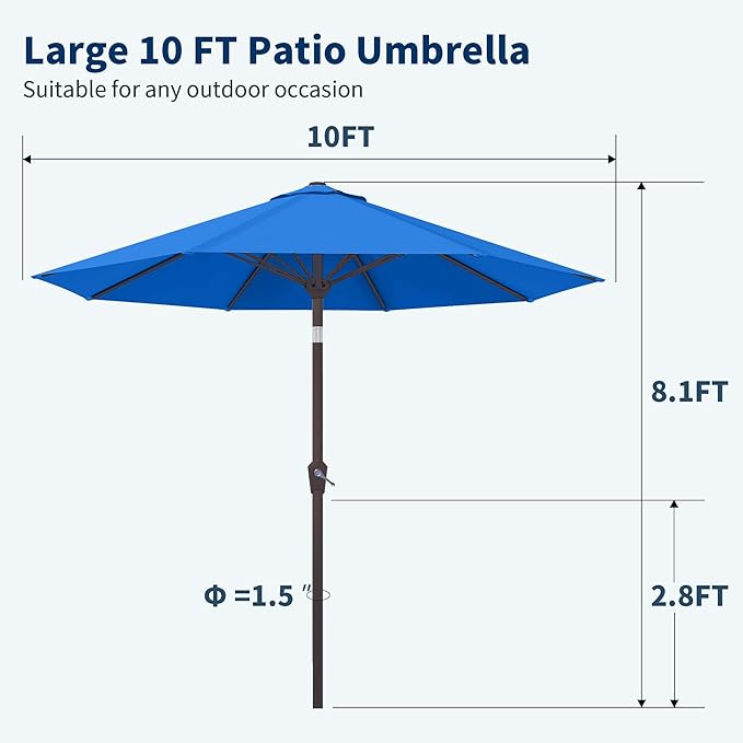 PatioKingdom 10FT Patio Umbrella with Push Button Tilt and Crank, Outdoor Market Umbrella with 8 Fiberglass Ribs, UV Protection Table Umbrella for Pool,Backyard,Garden,Deck(Royal Blue, 10FT)