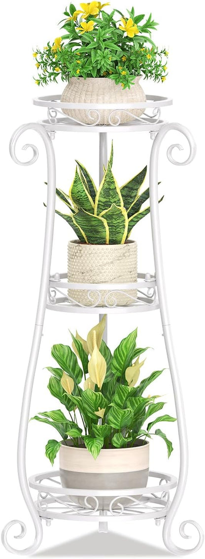 KMOTASUO 3 Tier Metal Plant Stand for Multiple Large Planters Indoor Outdoor Organizer, Heavy Duty Tall Flower Rack for Corner Patio Bathroom Office Corner, Modern Sturdy Vertical Iron Rack, White