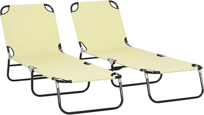 Outsunny 2 Pieces Folding Chaise Lounge Chair with 5-Level Back, Beige | Pool Sun Tanning Chairs, Breathable Mesh Seat, Headrest, for Pool, Beach, Yard, Patio, Outside