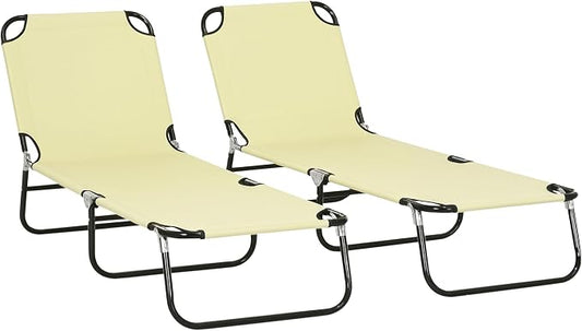 Outsunny 2 Pieces Folding Chaise Lounge Chair with 5-Level Back, Beige | Pool Sun Tanning Chairs, Breathable Mesh Seat, Headrest, for Pool, Beach, Yard, Patio, Outside