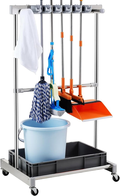 VEVOR Garden Tool Organizer, 10 Slots with Hooks, Yard Tool Tower Rack with Wheels for Garage Organization and Storage, Hold Long-Handled Tool/Rake/Broom, Metal Tool Stand Holder for Shed, Outdoor