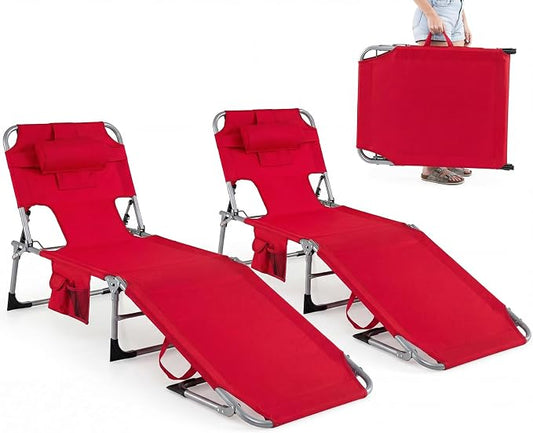 GYMAX Tanning Chair with Face Hole, Sun Bathing Lounge Chairs for Outside with Side Pocket, Folding Portable Face Down Layout Tanning Chair Beach, Backyard, Poolside, Lawn (Red,2)