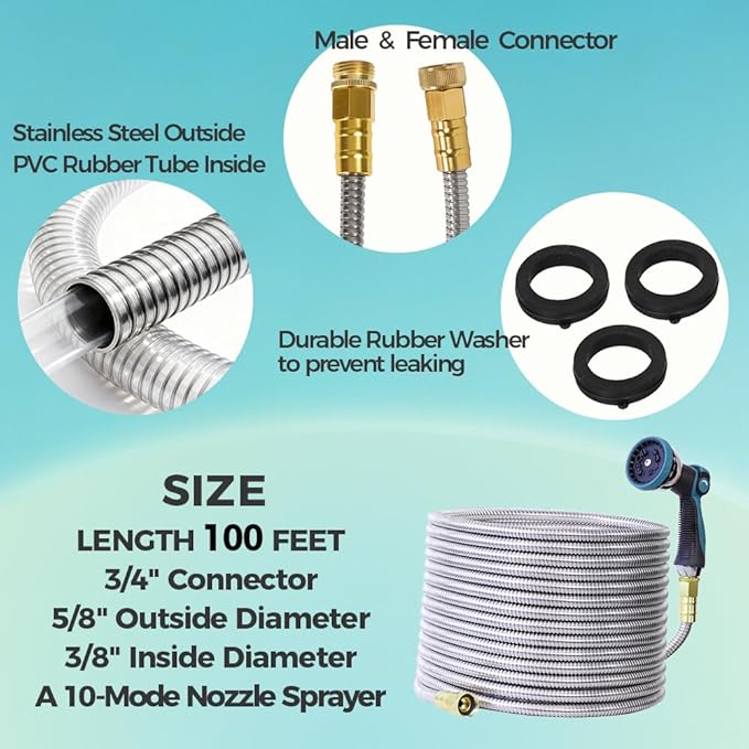 100FT Garden Hose, Stainless Steel Water Hose, Flexible with a 10-Mode Nozzle Sprayer, No Kink, Lightweight, Puncture Proof, Ideal for Yard, Lawn, Outdoor, 5/8'' Outside Diameter