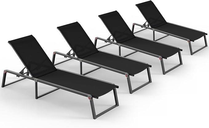 Aluminum Chaise Lounge Chair Outdoor, Foldable& No Assembly Patio Pool Lounge Chairs 5-Position Recliner for Outside, Fully Grounded Legs Sun Lounger for Poolside, 4 Packs, Black