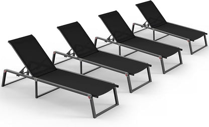 Aluminum Chaise Lounge Chair Outdoor, Foldable& No Assembly Patio Pool Lounge Chairs 5-Position Recliner for Outside, Fully Grounded Legs Sun Lounger for Poolside, 4 Packs, Black