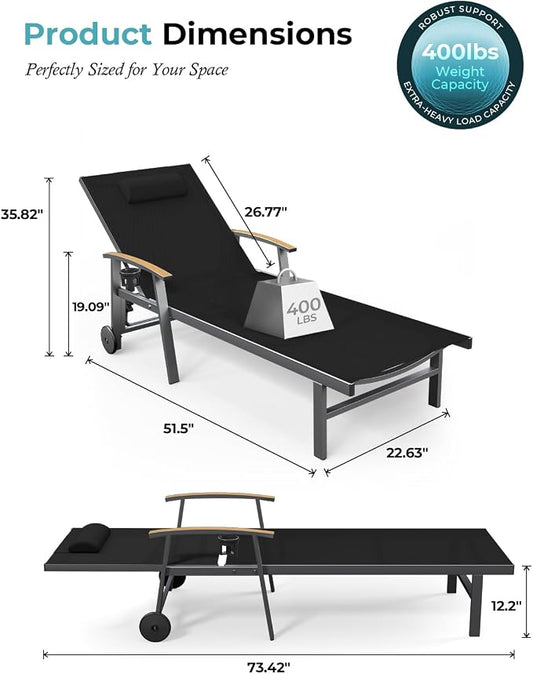 Ciokea Outdoor Lounge Chair with Pillow Set of 4, 5-Position Chaise Lounges with Wheels & Armrests, 400 lbs Heavy Duty Aluminum Pool Lounge Chairs, for Deck, Beach, Backyard & Poolside, Black