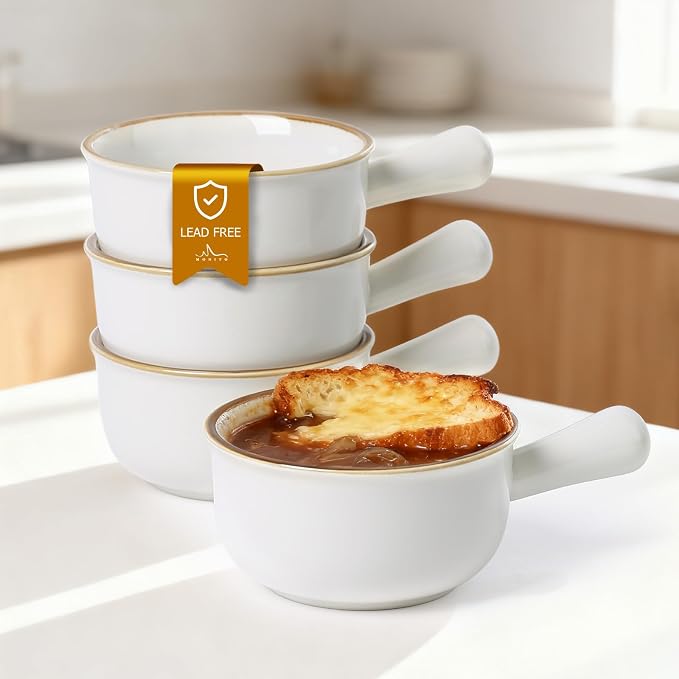 MONITO 26 Oz French Onion Soup Bowls, Ceramic Soup Bowls with Handles, Stackable Soup Crocks, Oven/Microwave/Dishwasher Safe, for Cereal, Soups, Casseroles