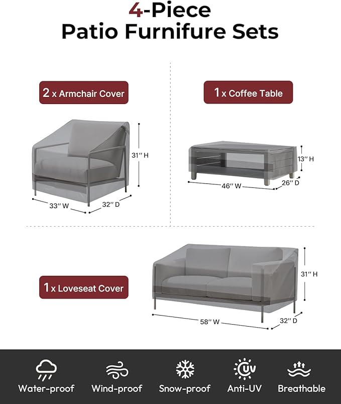 Loriano Patio Furniture Covers 4 Piece Set, Outdoor Waterproof, Heavy Duty 600D Lawn Patio Covers Grey-Black