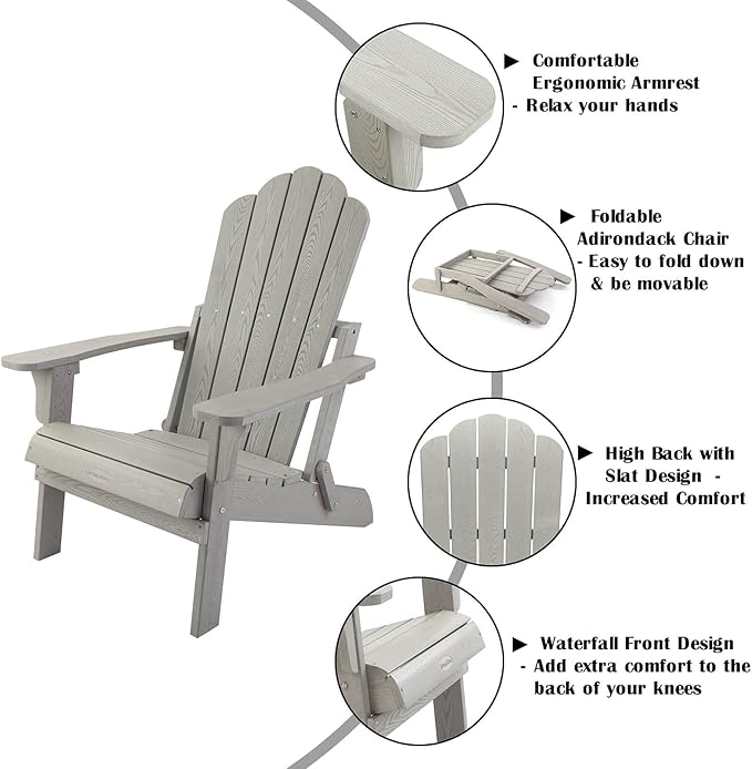 hOmeHua Folding Adirondack Chair, HIPS Foldable Adirondack Chairs Weather Resistant, Plastic Outdoor Chair for Patio, Backyard Deck, Fire Pit Lawn Porch (Grey)