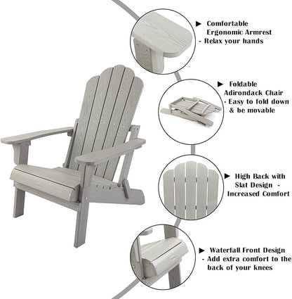 hOmeHua Folding Adirondack Chair, HIPS Foldable Adirondack Chairs Weather Resistant, Plastic Outdoor Chair for Patio, Backyard Deck, Fire Pit Lawn Porch (Grey)