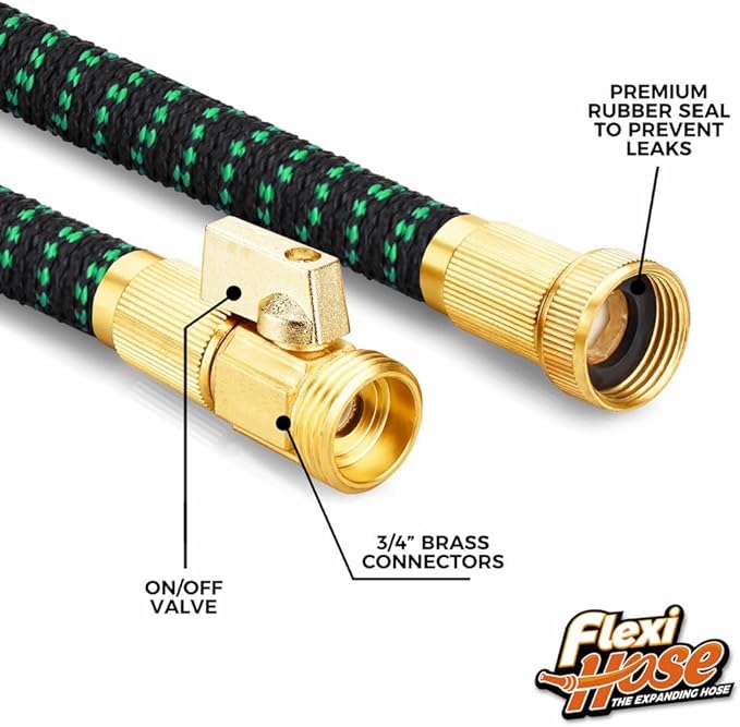 Flexi Hose with 8 Function Nozzle, 50FT - Lightweight Expandable Garden Hose, No-Kink Flexibility, 3/4 Inch Solid Brass Fittings and Double Latex Core - Black and Green