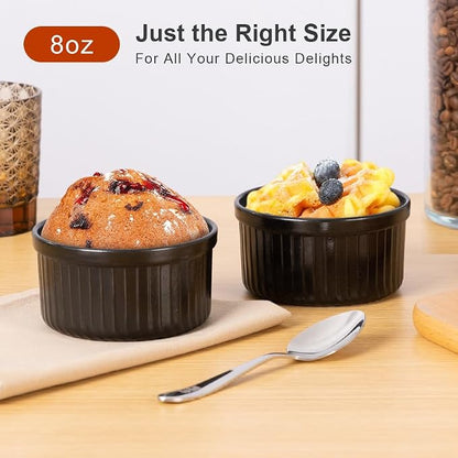 Yachi Black Souffle Ramekins: 8oz 6 Pieces Ceramic Baking Ramekin Set Oven Safe Stoneware Bakeware Serving for Sauces Dipping | Onion Soup | Lava Cake | Flan | Creme Brulee | Pudding | Mini Custard