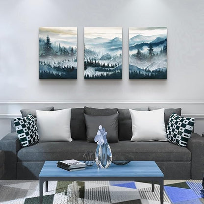 MHARTK66 Mountain Landscape Wall Art for Living Room, Large Foggy Forest Watercolor Artwork for Walls, 3 Piece Nature Mountain Forest Paintings Prints for Hallway Office Kitchen Wall Decor, 16x24 Inch