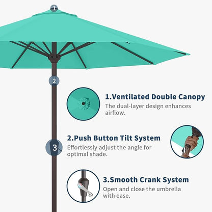 10FT Patio Umbrella Outdoor Market Umbrella with Crank and Tilt, 8 Flexible Fiberglass Ribs, UV-Resistant Waterproof Canopy for Patio, Deck, Garden, Backyard, Turquoise Blue