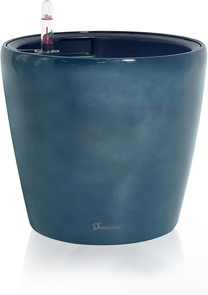 Dexceder 11x10 Inches Self Watering Planter Indoor Outdoor, Inner Pot Design, Thickened Table Flower Plant Pot with Water Level Indicator (Grayish Green Gradient)