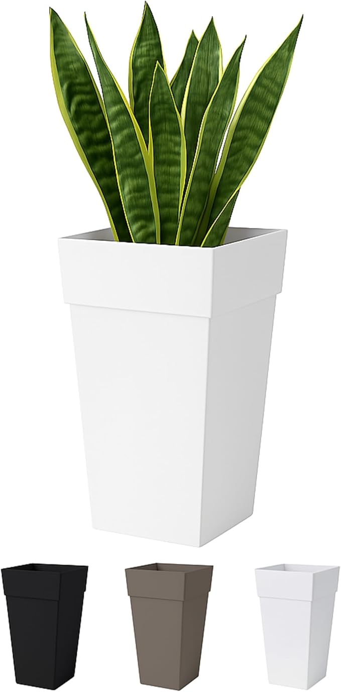 Bloem Finley 25" Tall Square White Plastic Resin Planter with Drainage Holes for Indoor and Outdoor Gardening