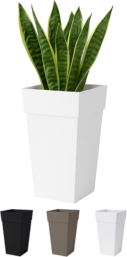 Bloem Finley 25" Tall Square White Plastic Resin Planter with Drainage Holes for Indoor and Outdoor Gardening
