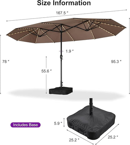 PURPLE LEAF 14ft Patio Market Umbrella with Solar LED and Base Double-Sided Rectangle Outdoor Table Sun Umbrellas with Crank for Pool Beach Deck Backyard Taupe