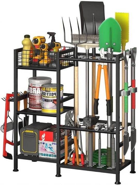 CuisinSmart Garden Tool Organizer With Basket,3 Tier Yard Storage Rack,With 6 Shelves,Heavy Duty Holder With 35 Long-Handled Slots for Yard Shed and Lawn