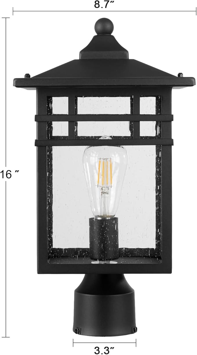 Outdoor Post Light Fixture, Large Exterior Pillar Lantern with Black Finish & Seeded Glass, 9 Inch Square Pier Mount Lamp for Garden, Backyard, Courtyard, Patio, Deck, Pathway, Walkway