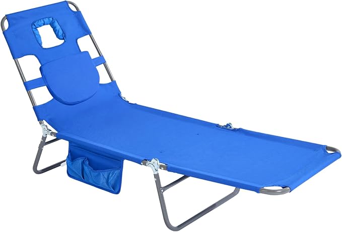 SUNNYFEEL Lay Flat Tanning Chair with Face Down Hole & Arm Slots, Beach Lounge Chair, 5-Position Folding Sunbathing Chair, 300 LBS Heavy Duty, 72" L x 22" W for Beach, Pool, Camping