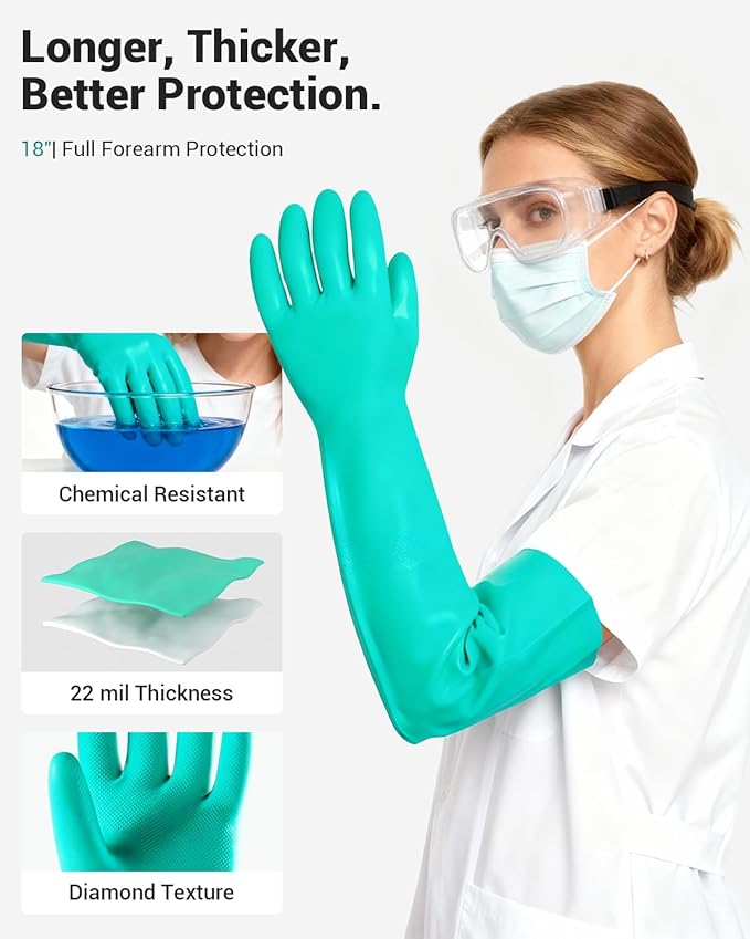 ThxToms Long Nitrile Chemical Resistant Gloves, Reusable Heavy Duty Safety Work Gloves, Acid, Alkali and Oil Protection