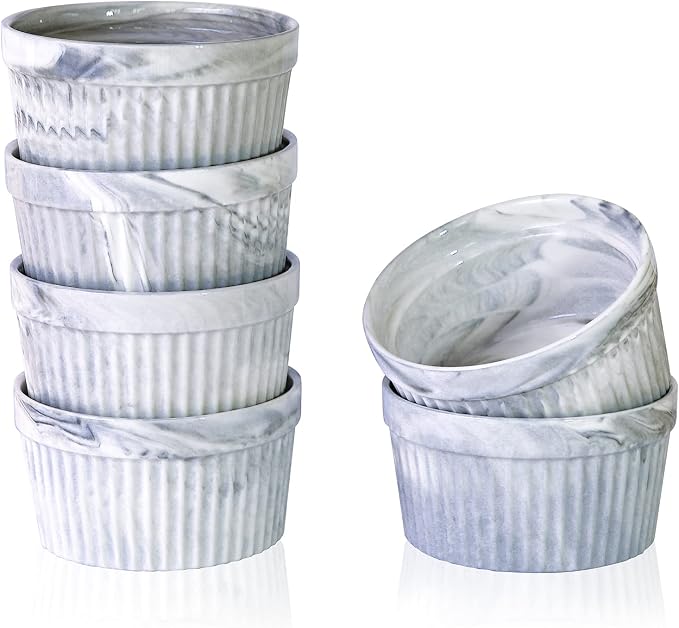Yundu 4.5 Ounce Grey Marble Ceramic Ramekins - Perfect for Creme Brulee, Oven Safe, Baking & Souffle - Set of 6