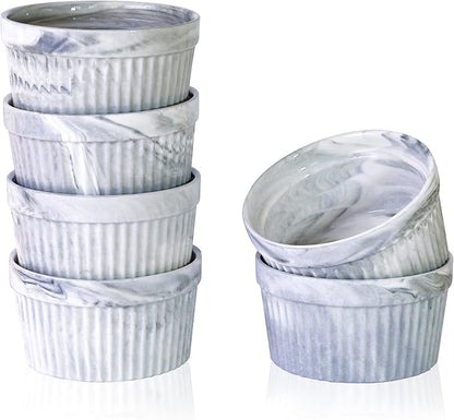 Yundu 8 Ounce Grey Marble Ceramic Ramekins - Perfect for Creme Brulee, Oven Safe Baking Bowls - Set of 6
