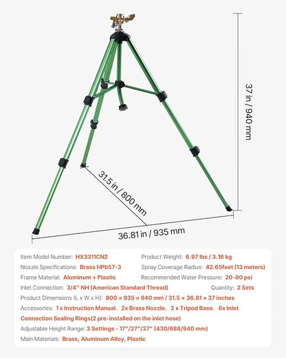 VEVOR Impact Sprinkler on Tripod Base, 2 Packs, Heavy Duty Tripod Sprinklers with Brass Head & 3/4" NH Connector, 360 Degree Large Area Irrigation Sprinkler, Adjustable Heights Sprinkler for Yard