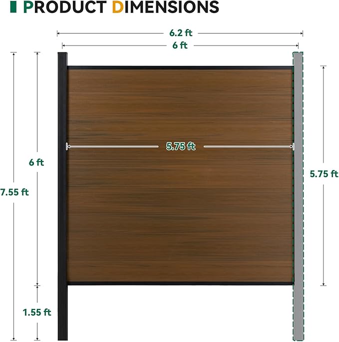 Mondaria Privacy Fence for Outside, 6ftx6ft Outdoor Privacy Panels with In-ground Post, Wind Resistant Wood Plastic Composite Fencing for Patio, Backyard, Garden and Swimming Pool (Brown with 1 Post)