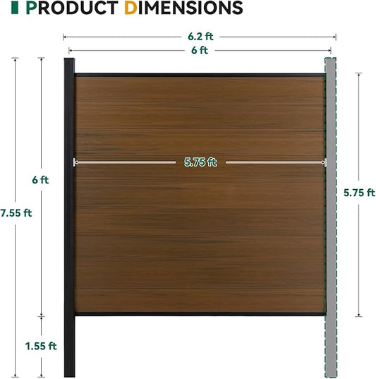 Mondaria Privacy Fence for Outside, 6ftx6ft Outdoor Privacy Panels with In-ground Post, Wind Resistant Wood Plastic Composite Fencing for Patio, Backyard, Garden and Swimming Pool (Brown with 1 Post)