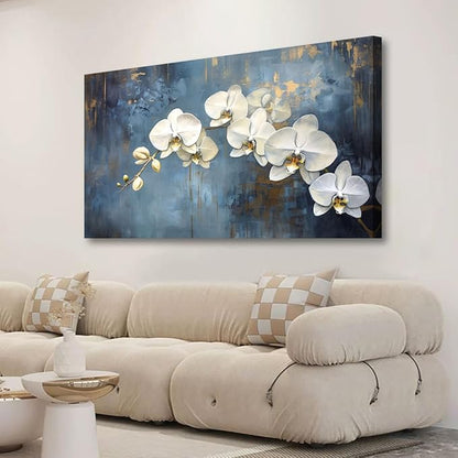 Abstract White Butterfly Orchid Canvas Wall Art for Living room Office Bedroom Flowers Wall Art Print Oil Paintings Modern Blue Gold Rain Mist Pictures Wall Decor Artwork Ready to Hang - 48in * 24inch