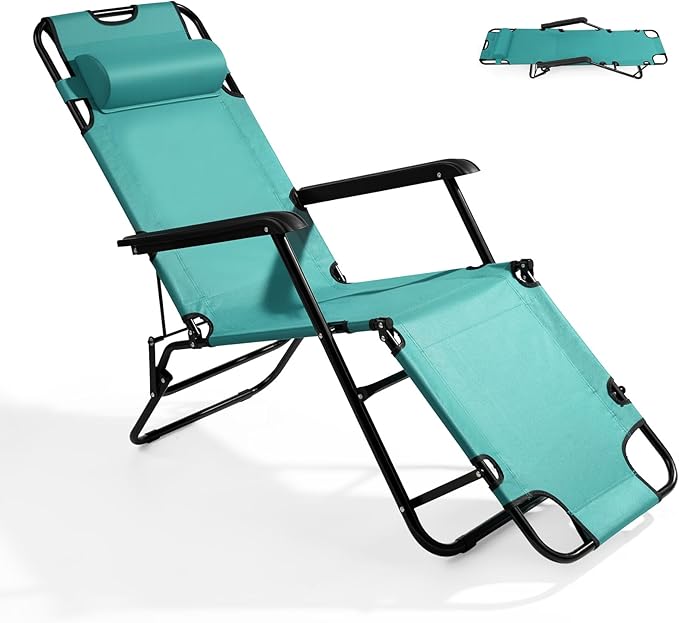 Outvita Folding Chaise Lounge Chair, Outdoor Adjustable Recliner Chair with Pillow for Camping, Beach, Poolside, Garden, Backyard, Lawn