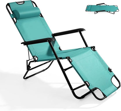 Outvita Folding Chaise Lounge Chair, Outdoor Adjustable Recliner Chair with Pillow for Camping, Beach, Poolside, Garden, Backyard, Lawn