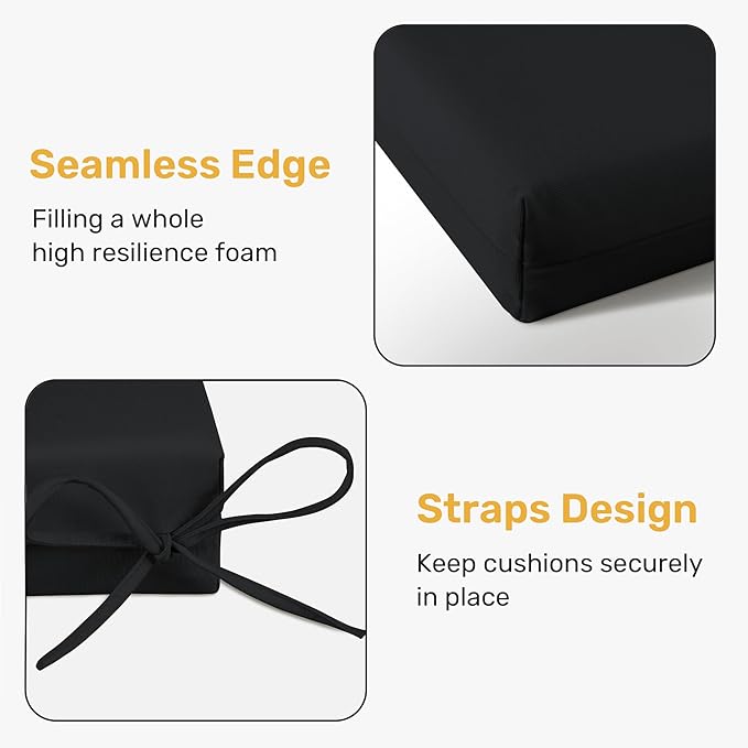 UNIKOME Outdoor Chair Cushions Pack of 4, Water Resistant Patio Cushions with Ties, High Density Sponge Filling Square Corner Seat Cushions for Outdoor Furniture, 18.5"x16"x3", Black