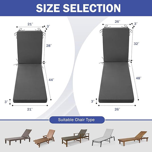 Chaise Lounge Cushions Outdoor, Waterproof Lounge Chair Cushion, 80x 26x 3 Inch Outdoor Chair Cushions with Ties, High-Density Foam Patio Lounge Chair Pads for Lawn, Pool & Beach, Dark Grey