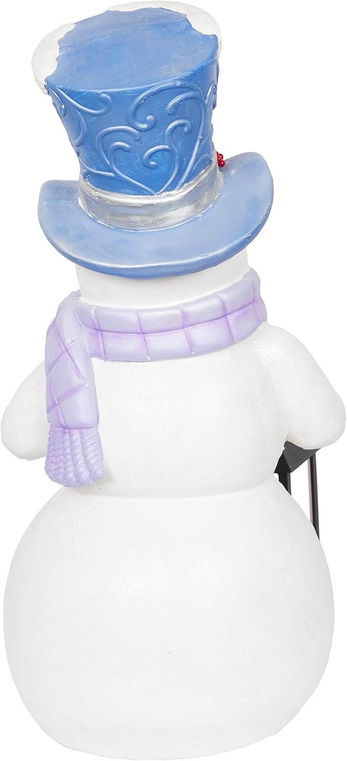 Alpine Corporation SKY562L-TM Lavender Winter Snowman Holding Lantern Statue with Warm White Flashing LED Candle, 3 Feet Tall, Indoor/Outdoor Holiday Decoration