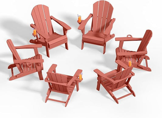 Folding Adirondack Chairs with Cup Holders, Set of 6 HDPE Plastic Outdoor Chairs, Weather Resistant, Real Wood Look, Heavy-Duty Patio Furniture for Deck, Fire Pit, Backyard, Coral