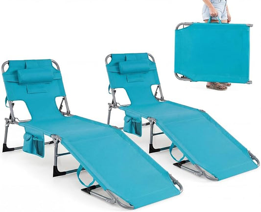 GYMAX Tanning Chair with Face Hole, Sun Bathing Lounge Chairs for Outside with Side Pocket, Folding Portable Face Down Layout Tanning Chair Beach, Backyard, Poolside, Lawn (Turquoise,2)