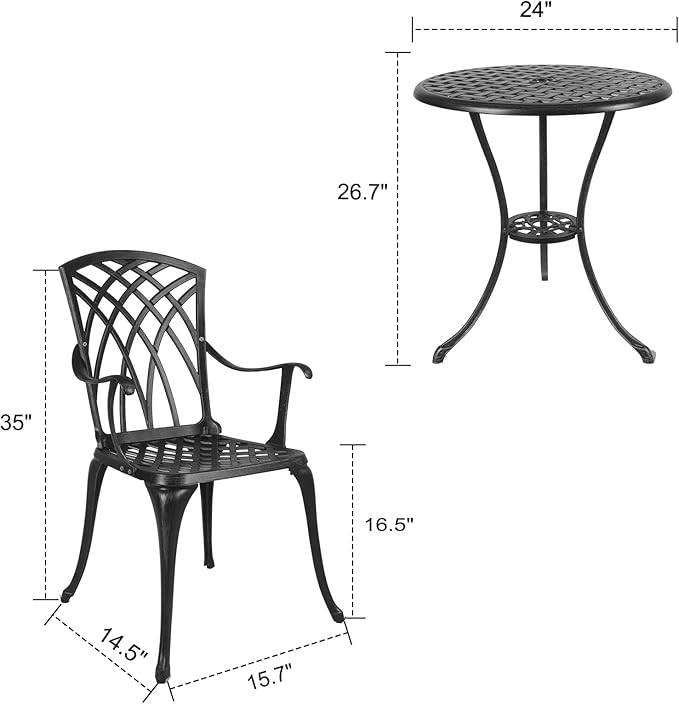 Polar Aurora 3 Piece Patio Bistro Set Cast Aluminum Bistro Table Set Outdoor Round Dining Table with Umbrella Hole for Porch, Lawn, Garden, Backyard, Pool,Black