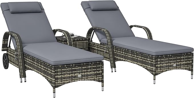 Outsunny Wicker Outdoor Chaise Lounge Chair Set of 3 with Side Table, 5-Level Adjustable Backrest PE Rattan Pool Lounge Chair with Wheels, Cushion & Headrest, Gray