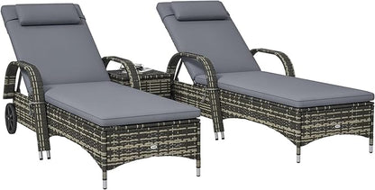Outsunny Wicker Outdoor Chaise Lounge Chair Set of 3 with Side Table, 5-Level Adjustable Backrest PE Rattan Pool Lounge Chair with Wheels, Cushion & Headrest, Gray