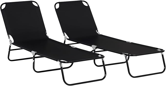 Outsunny 2 Piece Folding Chaise Lounge Pool Chairs, Outdoor Sun Tanning Chairs with 5-Level Reclining Back, Steel Frame for Beach, Yard, Patio, Black