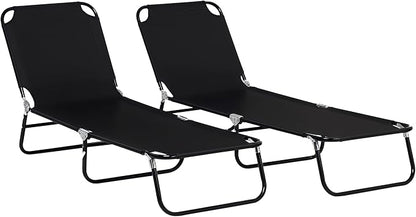 Outsunny 2 Piece Folding Chaise Lounge Pool Chairs, Outdoor Sun Tanning Chairs with 5-Level Reclining Back, Steel Frame for Beach, Yard, Patio, Black